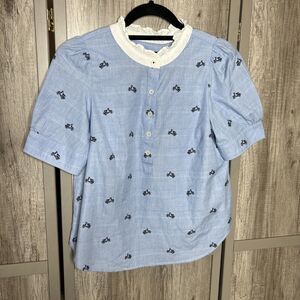 Talbots Top Womens S Petite Vespa Embroidered Ruffled Neckline Chambray